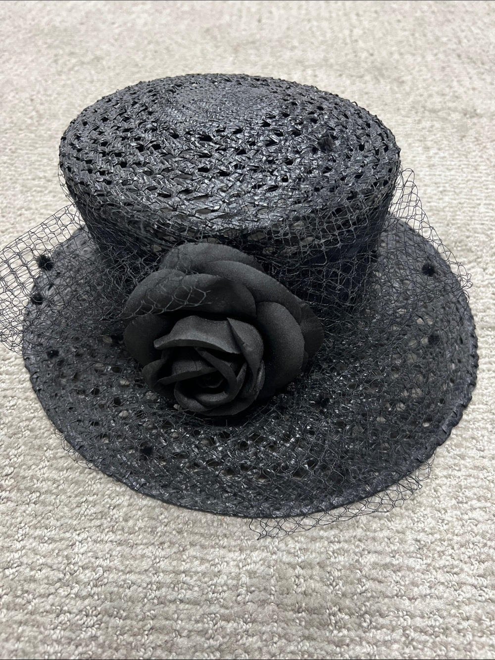 Eric Javits Black Straw Veiled Cocktail Hat with Floral Accent